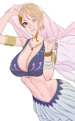 1girl arabian_clothes arm_up armlet armpit_crease bandaged_arm bandages bangle bare_shoulders belly_dancing bracelet breasts cleavage collarbone commentary cowboy_shot crop_top dancer earrings gold_earrings hair_behind_ear hands_up harem_outfit highres holding_veil jewelry large_breasts log_pose looking_at_viewer midriff nami_(one_piece) nami_(one_piece)_(alabasta) navel necklace official_alternate_costume one_piece orange_eyes orange_hair orange_nails parted_lips pink_veil short_hair shoulder_tattoo single_sidelock skirt smile solo tattoo uukkaa veil white_background white_skirt