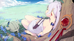 1girl absurdres against_tree artist_name bare_arms bare_legs bare_shoulders barefoot blue_butterfly blue_flower blue_sky breasts bug butterfly cleavage closed_eyes cloud cloudy_sky collarbone commentary_request copyright_name dress earrings elf fake_horns field flower frieren full_body helmet highres horned_helmet horns insect jewelry leaf partial_commentary plain pointy_ears pugwit sidelocks sky sleeping sleeveless sleeveless_dress solo sousou_no_frieren spaghetti_strap staff strap_slip tree twintails white_dress white_hair