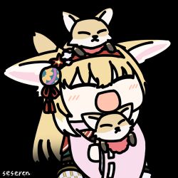 1girl animal animal_ears animal_on_head animated animated_gif arknights artist_name blonde_hair carrying chibi closed_eyes ear_wiggle fox fox_ears fox_girl japanese_clothes kimono long_hair long_sleeves looping_animation lowres making-of_available official_alternate_costume on_head open_mouth pink_kimono seseren simple_background smile suzuran_(arknights) suzuran_(yukibare)_(arknights) tail tail_wagging transparent_background upper_body wide_sleeves