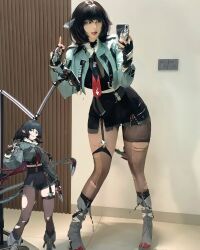 1girl 2024 animal_ears black_gloves black_hair black_necktie black_shorts boots brand_name_imitation breasts cellphone character_name chinese_commentary commentary contrapposto cosplay cosplay_photo covered_face cowboy_shot crop_top feet female_focus fingerless_gloves fingernails from_behind full_body fur-trimmed_jacket fur_trim garter_straps gloves green_eyes grey_boots grey_jacket grey_thighhighs highres holding holding_phone indoors jacket jane_doe_(zenless_zone_zero) jane_doe_(zenless_zone_zero)_(cosplay) lace_trim large_breasts long_fingernails long_hair long_sleeves looking_at_viewer midriff mouse_ears mouse_girl mouse_tail multicolored_necktie multiple_views necktie official_art_inset open_mouth pants pantyhose phone photo_(medium) real_life red_lips red_necktie reference_inset selfie shadow sharp_fingernails sharp_tail shorts skindentation soles standing straight-on tail thick_thighs thighhighs thighs torn_clothes torn_thighhighs unworn_pants wide_hips yingyinng zenless_zone_zero