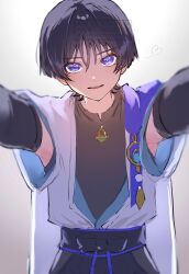 1boy belt black_belt black_bodysuit black_bow black_hair black_shorts blue_gemstone blue_sleeves blunt_ends bodysuit bow cape eyeliner eyeshadow feathers female_pov foreshortening furisode gem genshin_impact gold heart highres hip_vent japanese_clothes juban kabedon_on_viewer kimono layered_sleeves light_blush looking_at_viewer makeup male_focus mandarin_collar nero_hanken open_clothes open_kimono open_mouth pom_pom_(clothes) pov print_kimono purple_cape purple_eyes purple_sash red_eyeliner red_eyeshadow sash scaramouche_(genshin_impact) short_sleeves shorts smile solo straight-on teeth upper_body upper_teeth_only vision_(genshin_impact) wanderer_(genshin_impact) white_background white_kimono white_sleeves wispy_bangs yellow_feathers