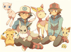 2boys ash_ketchum baseball_cap black_gloves black_hair blue_jacket blush brown_eyes brown_hair closed_mouth commentary_request creatures_(company) cyaneko deerling eevee fingerless_gloves game_freak gen_1_pokemon gen_5_pokemon gloves hat headpat hilbert_(pokemon) jacket joltik legendary_pokemon lillipup mew_(pokemon) multiple_boys mythical_pokemon nintendo pants pikachu pokemon pokemon_(anime) pokemon_(creature) pokemon_bw pokemon_bw_(anime) short_sleeves sitting smile wavy_mouth zipper_pull_tab