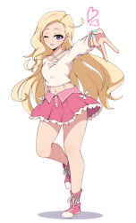 1girl ;d blonde_hair blue_nails boots breasts cleavage cleavage_cutout clothing_cutout commentary_request crop_top cropped_shirt frilled_skirt frills full_body gyaru gyaru_v heart highres ikizulive!_love_live!_bluebird konohana_aurora long_hair long_sleeves love_live! medium_breasts miniskirt navel one_eye_closed open_mouth parted_hair pink_boots pink_skirt pleated_skirt purple_eyes shirt skirt smile solo standing standing_on_one_leg v very_long_hair white_shirt yamanju
