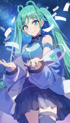 absurdres aqua_hair aqua_nails asymmetrical_legwear bare_shoulders blue_eyes blue_jacket blue_skirt blue_thighhighs blush braid closed_mouth crop_top daminminmin earrings hair_ornament hatsune_miku heart heart_earrings highres jacket jewelry long_hair long_sleeves magical_mirai_(vocaloid) magical_mirai_miku magical_mirai_miku_(2025) official_alternate_costume open_clothes open_jacket skirt sky smile star_(sky) star_(symbol) star_hair_ornament starry_sky thighhighs twin_braids twintails very_long_hair vocaloid