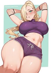 1girl absurdres armpits arms_behind_head blonde_hair blue_background blue_eyes border breasts commentary covered_erect_nipples crop_top dolphin_shorts english_commentary highres large_breasts long_hair midriff naruto_(series) naruto_shippuuden navel patreon_username ponytail presenting_armpit purple_shorts reus_(cetta) shorts solo thighs white_border yamanaka_ino