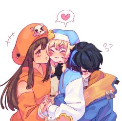 &gt;_&lt; 3girls :3 androgyne_symbol black_hair blonde_hair blush bridget_(guilty_gear) brown_hair girl_sandwich guilty_gear guilty_gear_strive hat heart highres holding_hands hood hoodie hug hug_from_behind interlocked_fingers jacket may_(guilty_gear) multicolored_hair multiple_girls o3o orange_hat sandwiched shared_speech_bubble skull_and_crossbones speech_bubble spoken_heart streaked_hair supacreamss unika_(guilty_gear) yuri