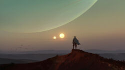 Rule 34 | 1boy, cambocreation, cloak, dawn, flock, from behind, hill, looking ahead, original, painterly, planet, scenery, science fiction, sky, standing, sun, watermark, wind