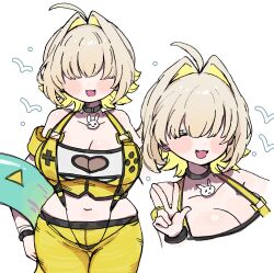 010mzam 1girl bikini blonde_hair blue_innertube blush breasts clothing_cutout elegg_(boom_and_shock)_(nikke) elegg_(nikke) fang goddess_of_victory:_nikke hair_intakes hair_over_eyes heart_cutout highres holding holding_swim_ring innertube large_breasts long_bangs looking_at_viewer multicolored_hair navel open_mouth see-through_bikini see-through_clothes see-through_slingshot_swimsuit short_hair slingshot_swimsuit smile solo standing swim_ring swimsuit two-sided_gloves two-tone_hair yellow_slingshot_swimsuit