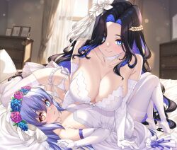 Rule 34 | black hair, blue eyes, blush, breasts, bridal lingerie, bride, brown dust (series), brown dust 2, cleavage, closed mouth, collarbone, colored inner hair, commentary request, curly hair, dress, eclipse (brown dust 2), elbow gloves, flower, garter belt, gloves, hair flower, hair ornament, hair over one eye, heterochromia, highres, indoors, knees up, large breasts, lingerie, long hair, looking at viewer, lying, multicolored hair, on back, on bed, on side, pantyhose, purple hair, refithea (brown dust), shirokuma a, small breasts, smile, strapless, strapless dress, thighhighs, two-tone hair, underwear, very long hair, wedding dress, white garter belt, white pantyhose, white thighhighs