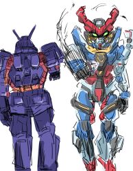 1girl absurdres blue_eyes deux_murasame gquuuuuux green_eyes gundam gundam_gquuuuuux hair_bun hebi_(rarata6o) highres holding hunter_x_hunter long_hair looking_at_viewer mask mecha mecha_focus mobile_suit mouth_mask psyco_gundam red_hair robot scene_reference science_fiction short_hair simple_background v-fin white_background white_hair zeta_gundam