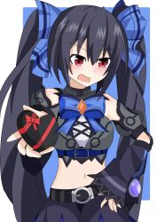1girl averting_eyes black_hair blush box breasts hair_ribbon hand_on_own_hip heart-shaped_box highres kami_jigen_game_neptune_v large_breasts long_hair midriff navel neptune_(series) noire_(neptunia) open_mouth red_eyes ribbon skirt tongue tsundere twintails valentine