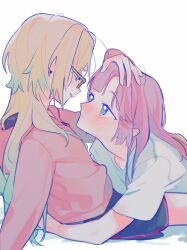 Rule 34 | 2girls, alternate costume, anyoji hime, black shorts, blonde hair, blue eyes, blunt sidelocks, blush, brown-framed eyewear, closed mouth, commentary, dolphin shorts, eye contact, glasses, gradient hair, green hair, grin, hair down, hand on another&#039;s head, highres, hood, hoodie, hug, link! like! love live!, long hair, looking at another, love live!, mira-cra park!, multicolored hair, multiple girls, nose blush, osawa rurino, pink hair, pink hoodie, pipi (m1x mix), profile, shirt, short shorts, short sleeves, shorts, sidelocks, simple background, smile, t-shirt, virtual youtuber, white background, yuri