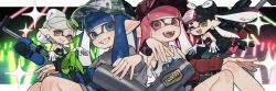 4girls ankle_boots baseball_cap black_boots black_dress black_hair black_jumpsuit blue_eyes blue_hair blunt_bangs boots bow-shaped_hair callie_(splatoon) camouflage_headwear collar commission cross-shaped_pupils detached_collar dress e-liter_4k_(splatoon) earrings fangs gloves gradient_hair green_hat green_pantyhose grey_hair grey_sweater grin hat highres inkling inkling_girl inkling_player_character jewelry jumpsuit letterboxed long_hair looking_at_viewer marie_(splatoon) medium_hair mini_person minigirl mole mole_under_eye multicolored_hair multiple_girls nintendo one_eye_closed open_mouth orange_eyes pantyhose pink_eyes pink_hair pink_hat pink_pantyhose pointy_ears prat_rat short_jumpsuit smile splatoon_(series) strapless strapless_dress sweater swept_bangs symbol-shaped_pupils tank_top tentacle_hair twintails watermark watermark_grid white_collar white_gloves white_tank_top wristband