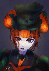 1girl absurdres animification character_request copyright_request disneyland double_bun dress hair_between_eyes hair_bun hair_ornament halloween halloween_costume hat highres long_hair long_sleeves looking_at_viewer orange_eyes orange_hair simple_background solo user_cwvk5558