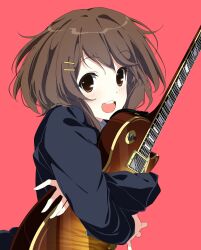 1girl black_jacket brown_eyes brown_hair electric_guitar guitar hair_ornament hairclip highres hirasawa_yui holding holding_guitar holding_instrument hug insomnia_(insomnia_plus) instrument jacket k-on! open_mouth parallel_hairclips red_background short_hair simple_background smile solo teeth upper_body upper_teeth_only