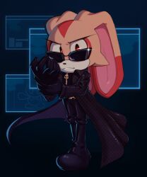 Rule 34 | &gt;:(, adjusting clothes, adjusting gloves, albert wesker, albert wesker (cosplay), black footwear, black gloves, black jacket, black pants, black shirt, cosplay, cream the rabbit, frown, gloves, highres, jacket, leather, leather gloves, leather jacket, mitsy, orange fur, pants, parody, rabbit girl, resident evil, serious, shirt, shoes, sonic (series), sunglasses, v-shaped eyebrows, very long ears, zipper, zipper pull tab