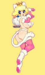 1girl :o absurdres animal_ears animal_hands ass blonde_hair blue_eyes breasts cat_paws elbow_gloves fake_animal_ears fake_tail from_behind full_body fur-trimmed_sleeves fur-trimmed_thighhighs fur_bikini fur_collar fur_trim gloves hands_up highres large_breasts looking_at_viewer mario_(series) nintendo open_mouth paw_pose pink_gloves pink_thighhighs princess_peach sideboob simple_background slugbox subscribestar_username super_mario_3d_world tail teeth thighhighs twisted_torso underboob upper_teeth_only yellow_background