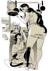 2girls animal_ears atie1225 bacon barefoot body_fur breasts cat_ears cat_girl cat_tail closed_eyes coffee_pot commentary dungeon_meshi eating egg_(food) feet food fried_egg frying_pan heel_up holding holding_food holding_frying_pan holding_plate horns inutade izutsumi jar knee_up long_hair looking_down monochrome multiple_girls oni open_mouth oversized_clothes oversized_shirt plate shirt short_hair short_sleeves shorts sitting small_sweatdrop soles spatula standing stove symbol-only_commentary tail tank_top very_long_hair