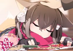 1boy 1girl animal_ear_fluff animal_ears black_gloves blue_archive brown_hair child&#039;s_drawing closed_eyes closed_mouth fox_ears fox_girl fox_hair_ornament fox_tail gloves hair_ornament headpat highres hstk_mega izuna_(blue_archive) japanese_clothes long_sleeves partially_fingerless_gloves pencil pink_scarf pom_pom_(clothes) pom_pom_hair_ornament scarf sensei_(blue_archive) short_hair sleeping solo_focus tail