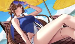 1girl absurdres adjusting_eyewear arm_up bare_arms beach beach_umbrella blue-tinted_eyewear blue_one-piece_swimsuit breasts brown_eyes brown_hair closed_mouth collarbone commentary day eyewear_on_head feet_out_of_frame haerge highres honkai_(series) honkai_impact_3rd large_breasts li_sushang li_sushang_(summer_2023) long_hair looking_at_viewer ocean official_alternate_costume one-piece_swimsuit one_eye_closed outdoors red_pupils sitting smile solo sunglasses swimsuit thighhighs thighs tinted_eyewear umbrella