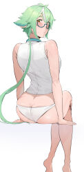 1girl animal_ears ass genshin_impact glasses green_hair hair_between_eyes highres invisible_chair long_hair looking_at_viewer looking_back multicolored_hair okpriko orange_eyes panties semi-rimless_eyewear shirt sitting sleeveless sleeveless_shirt solo streaked_hair sucrose_(genshin_impact) sweatdrop two-tone_hair underwear white_background white_hair white_panties white_shirt