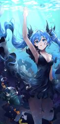 1girl absurdres aqua_eyes aqua_hair arm_up armpits bare_legs bare_shoulders black_dress breasts bubble collarbone dress fish foot_out_of_frame hair_between_eyes hatsune_miku highres lds_(dstwins97) long_hair medium_breasts official_alternate_costume open_mouth shinkai_shoujo_(vocaloid) solo twintails underwater vocaloid