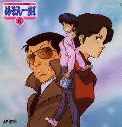 blue_background bow coat copyright_request corded_phone father_and_daughter hair_bow highres milky_way mother_and_daughter nakajima_atsuko otonashi_kyouko phone pink_sweater star_(sky) sweater trench_coat