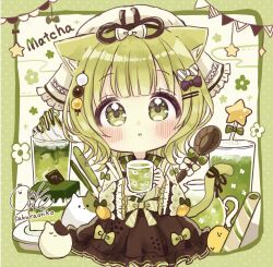 Rule 34 | 1girl, animal, animal ear fluff, animal ears, artist name, black bow, blush, border, bow, brown skirt, cat, cat ears, cat girl, cat tail, chibi, commentary request, cup, diagonal-striped bow, drinking glass, egasumi, frilled skirt, frills, full body, green border, green eyes, green hair, green sailor collar, green shirt, hair bow, hair ornament, hairclip, headscarf, highres, holding, holding cup, long sleeves, looking at viewer, matcha (food), mug, original, parted lips, pennant, plate, sailor collar, sakura oriko, shirt, signature, skirt, solo, spoon, star (symbol), string of flags, striped bow, tail, white background, white bow, wide sleeves, wooden spoon