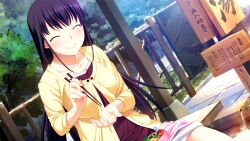 1girl bamboo bento black_hair blush breasts cardigan chopsticks closed_eyes closed_mouth collarbone day dutch_angle facing_viewer fence game_cg grisaia_(series) grisaia_no_meikyuu holding holding_chopsticks long_hair medium_breasts non-web_source outdoors purple_shirt sakaki_yumiko shirt sign sitting skirt smile solo three-quarter_sleeves tree variant_set very_long_hair watanabe_akio water white_skirt wooden_fence yellow_cardigan