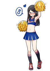 1boy absurdres armpits black_eyes black_hair black_socks blue_skirt blue_tube_top blush check_commentary commentary_request crossdressing crossdressing_(mtf) embarrassed full_body heart highres kneehighs long_hair male_focus mars_symbol midriff miniskirt navel original pleated_skirt pom_pom_(cheerleading) red_shoes sharp_teeth shoes simple_background skirt socks speech_bubble strapless sweatdrop teeth trap tube_top vae white_background wig