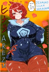 arezu_(pokemon) breasts english_text hand_on_own_hip highres large_breasts leggings nintendo non-web_source pokemon pokemon_legends:_arceus red_eyes red_hair red_leggings solo thick_thighs thighs wagoogin watermark wide_hips