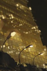 architecture blurry blurry_edges brown_theme building bush city city_lights cityscape commentary depth_of_field english_commentary glass glowing monochrome night no_humans no_lineart original outdoors reflection scenery signature silhouette skyscraper window yellow_light yellow_theme zandra