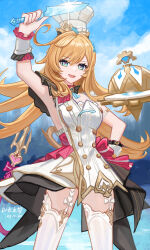 1girl :d absurdres armpits artist_name blonde_hair blue_eyes blue_sky breasts chef_hat chinese_clothes cloud cloudy_sky commentary_request dated dress escoffier_(genshin_impact) food genshin_impact hair_ornament hand_on_own_hip hat highres holding holding_knife holding_sword holding_weapon knife lake long_hair looking_at_viewer open_mouth outdoors sky smile solo sword thighhighs toque_blanche weapon white_dress white_thighhighs yitai_zhi_meng