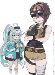 2girls ahoge ammunition_belt ankle_socks aqua_eyes aqua_hair aqua_jacket aqua_streaks aqua_trim bandaged_arm bandaged_leg bandages bandaid bandaid_on_cheek bandaid_on_face belt black_skirt black_tank_top black_trim blue_streaks blush braid breasts brown_belt brown_gloves brown_hair brown_shorts character_name closed_eyes collarbone commentary_request copyright_name crossed_arms delta_(nikke) dog_tags english_text epinel_(nikke) eyelashes eyewear_on_head gloves goddess_of_victory:_nikke grey_hair half_crown_braid head-mounted_display high_ponytail highres hood hoodie jacket kunikuni_(kunihiro2005) long_hair long_sidelocks medium_breasts micro_shorts midriff_peek miniskirt mixed-language_text multicolored_hair multiple_girls open_mouth partially_fingerless_gloves pink_trim ponytail short_shorts shorts shoulder_tattoo side_ahoge sidelocks skirt sleeveless socks star_(symbol) tank_top tattoo thigh_strap translation_request two-tone_hair very_long_hair watch white_background white_hoodie white_socks white_trim wristwatch