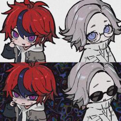 2boys :d ahoge aotsuki_eito blue_eyes blush chibi chibi_only dual_persona glasses grey_hair highres looking_at_viewer male_focus multicolored_hair multiple_boys multiple_views open_mouth red_hair ringed_eyes shaded_face smile split_screen spoilers static streaked_hair suaviterra sumino_takumi sunglasses sweatdrop the_hundred_line_-last_defense_academy-