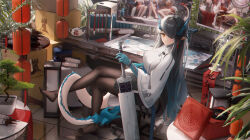 1girl absurdres alternate_costume animal_ear_fluff animal_ears anklet arknights bare_legs bare_shoulders barefoot bead_bracelet beads black_hair black_pantyhose blue_hair blue_skin blush bonsai book bookshelf box bracelet breasts brown_eyes calligraphy_brush cardboard_box chair china_dress chinese_clothes cleavage cleavage_cutout clock closed_mouth clothing_cutout colored_skin commentary_request couch crossed_legs cup desk_lamp dress drinking_glass dusk_(ambience_synesthesia)_(arknights) dusk_(arknights) earrings eyelashes feather_boa feet flower folding_fan full_body hair_between_eyes hair_intakes hair_over_one_eye hairband hand_fan highres holding holding_cup holding_fan holding_sword holding_weapon hongbao horns indoors jewelry lamp lantern legs light_smile lin_(arknights) ling_(arknights) ling_dianxia long_hair long_legs looking_at_viewer medium_breasts monitor mouse_ears navel navel_cutout nian_(arknights) no_shoes on_chair paintbrush pantyhose paper_lantern parted_lips pink_hair plant pointy_ears ponytail potted_plant purple_eyes red_dress red_eyes red_hairband round_window saucer scroll sheath sheathed shelf short_dress siblings side_slit sidelocks single_earring sisters sitting skirt sleeveless sleeveless_dress slit_pupils smile solo strapless strapless_dress sword table tail tassel tassel_earrings teacup teapot thigh_strap toes tree vase very_long_hair weapon white_hair window wine_glass