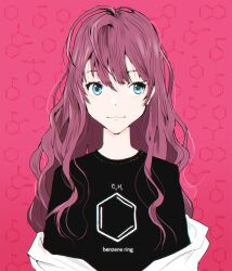 1girl :3 benzene_ring blue_eyes chemical_structure highres ichinose_shiki idolmaster idolmaster_cinderella_girls long_hair looking_to_the_side pink_background smile solo tamaoki_benkyou upper_body