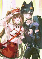 Rule 34 | 1boy, 1girl, absurdres, black hair, brown eyes, brown hair, building, collar, crop top, denim, double-parted bangs, eien galaxy ko, eiyuu densetsu, estelle bright, hair between eyes, hat, highres, jeans, joshua bright, long hair, looking at viewer, midriff, open mouth, outdoors, pants, red eyes, short hair, skirt, smile, sora no kiseki, spiked collar, spikes, torn clothes, torn jeans, torn pants, twintails