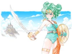 1girl absurdres aqua_gemstone aqua_gloves aqua_leotard belt blue_eyes blue_sky border breasts brown_belt castle circlet cleavage cloud commentary_request cowboy_shot curly_hair detached_sleeves dragon_quest dragon_quest_iv floating_hair gem gloves gluteal_fold gold_bracer gold_circlet gold_thighlet green_hair heroine_(dq4) highres holding holding_shield holding_sword holding_weapon jewelry leotard looking_to_the_side medium_breasts momo_oddeye orange_sleeves scabbard sheath shield short_hair sideboob single_glove single_sleeve sky solo strapless strapless_leotard sword thighlet weapon white_border