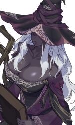 1girl bare_shoulders book breasts cleavage dark-skinned_female dark_skin dress elden_ring elden_ring_nightreign hat hat_over_eyes hat_over_one_eye highres holding holding_book large_hat long_hair looking_at_viewer mosuroshyu purple_hat purple_sleeves recluse_(elden_ring) simple_background solo white_hair witch witch_hat