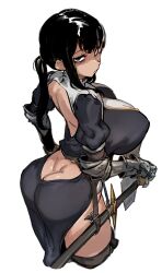 1girl armor ass ass_cutout back_cutout black_eyes black_hair breast_curtains breasts butt_crack closed_mouth clothing_cutout doppel_(bonnypir) gauntlets highres holding holding_sword holding_weapon huge_breasts knight looking_at_viewer looking_back original ponytail revealing_clothes sheath sheathed simple_background sword weapon white_background