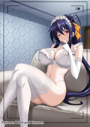 1girl black_hair bra breasts commentary_request couch elbow_gloves finger_to_mouth gloves hair_ribbon hellandheaven high_school_dxd highres himejima_akeno huge_antenna_hair indoors lace lace-trimmed_bra lace-trimmed_gloves lace-trimmed_legwear lace_trim large_breasts large_variant_set long_hair looking_at_viewer maid_headdress on_couch one_eye_closed orange_ribbon paid_reward_available panties patreon_username ponytail purple_eyes ribbon solo thighhighs underwear variant_set very_long_hair white_bra white_gloves white_panties white_thighhighs