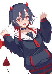 1girl absurdres achiki_(vtuber) bad_arm bat_wings black_choker black_hair black_shirt choker colored_inner_hair curled_fingers dutch_angle hair_between_eyes heart heart_tail highres horns indie_virtual_youtuber multicolored_hair nazca_(yhan_mie) open_mouth pendant_choker red_horns red_wings sailor_collar sharp_teeth shirt simple_background small_horns solo tail teeth upper_body virtual_youtuber white_background wings