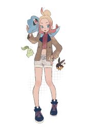 1girl blonde_hair blue_eyes brown_jacket chikorita crop_top gen_2_pokemon gen_5_pokemon gradient_hair hair_bun highres hime_(himetya105) jacket long_sleeves midriff multicolored_hair navel nintendo open_clothes open_jacket open_mouth pink_hair pokemon pokemon_(creature) pokemon_legends:_z-a red_shirt ribbed_shirt shirt shorts smile solo taunie_(pokemon) tepig totodile turtleneck