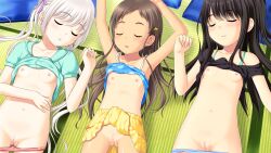 3girls adachi_tenka armpits arms_up black_hair black_shirt blue_camisole blue_panties bra bra_lift bra_strap breasts brown_hair camisole camisole_lift censored closed_eyes clothes_lift collarbone flat_chest game_cg green_bra green_jacket hair_ornament hair_ribbon hand_up highres indoors jacket jacket_lift komako_semenovich layered_skirt loli long_hair lying mosaic_censoring multiple_girls navel nipples non-web_source nonohara_miki off-shoulder_shirt off_shoulder on_back one_side_up open_mouth panties panty_pull parted_lips pink_panties pleated_skirt polka_dot polka_dot_camisole polka_dot_skirt puffy_short_sleeves puffy_sleeves purple_ribbon pussy ribbon sayama_chie shirt shirt_lift short_sleeves shoujo_ramune single_bare_shoulder skirt skirt_lift sleeping small_breasts spaghetti_strap tatami twintails underwear white_hair x_hair_ornament yellow_shirt yellow_skirt