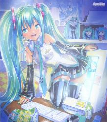 10s 1girl aqua_eyes aqua_hair bad_id bad_pixiv_id black_rock_shooter black_rock_shooter_(character) boots computer_keyboard detached_sleeves female_focus hatsune_miku keyboard mayo_riyo monitor ordet screen solo sparkle thigh_boots thighhighs through_medium through_screen traditional_media twintails vocaloid yamaha