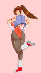 absurdres backboob bandages breakers breakers_revenge breasts brown_eyes brown_hair headband highres jacket large_breasts leotard pantyhose ponytail shoes sneakers source_request tia_langray