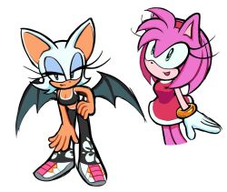2girls amy_rose animal_ears animal_nose bat_girl bat_wings black_pants bracelet breasts cleavage commentary_request dress floral_print furry furry_female gloves green_eyes hairband highres jewelry korean_commentary multiple_girls official_alternate_costume pants red_dress red_hairband rodka_sth rouge_the_bat rouge_the_bat_(riders) shoes simple_background smile sonic_(series) sonic_riders sonic_riders_(series) sports_bra standing white_background white_gloves wings