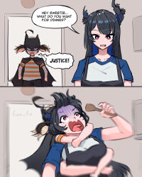 2girls batman_(cosplay) batman_(series) dc_comics fian_f.n gigi_murin holojustice hololive hololive_english long_hair multiple_girls nerissa_ravencroft parody strangling virtual_youtuber