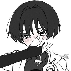 1boy averting_eyes blunt_ends blush bodysuit bridal_gauntlets cape covering_own_mouth ellypwakame316 embarrassed genshin_impact greyscale hair_intakes hand_over_own_mouth japanese_clothes kimono looking_to_the_side male_focus monochrome open_clothes open_kimono portrait scaramouche_(genshin_impact) shoulder_peek signature solo tsurime wanderer_(genshin_impact) white_background wispy_bangs